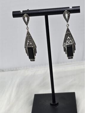 925 Thai Marcasite Onyx Drop Earrings Art Deco